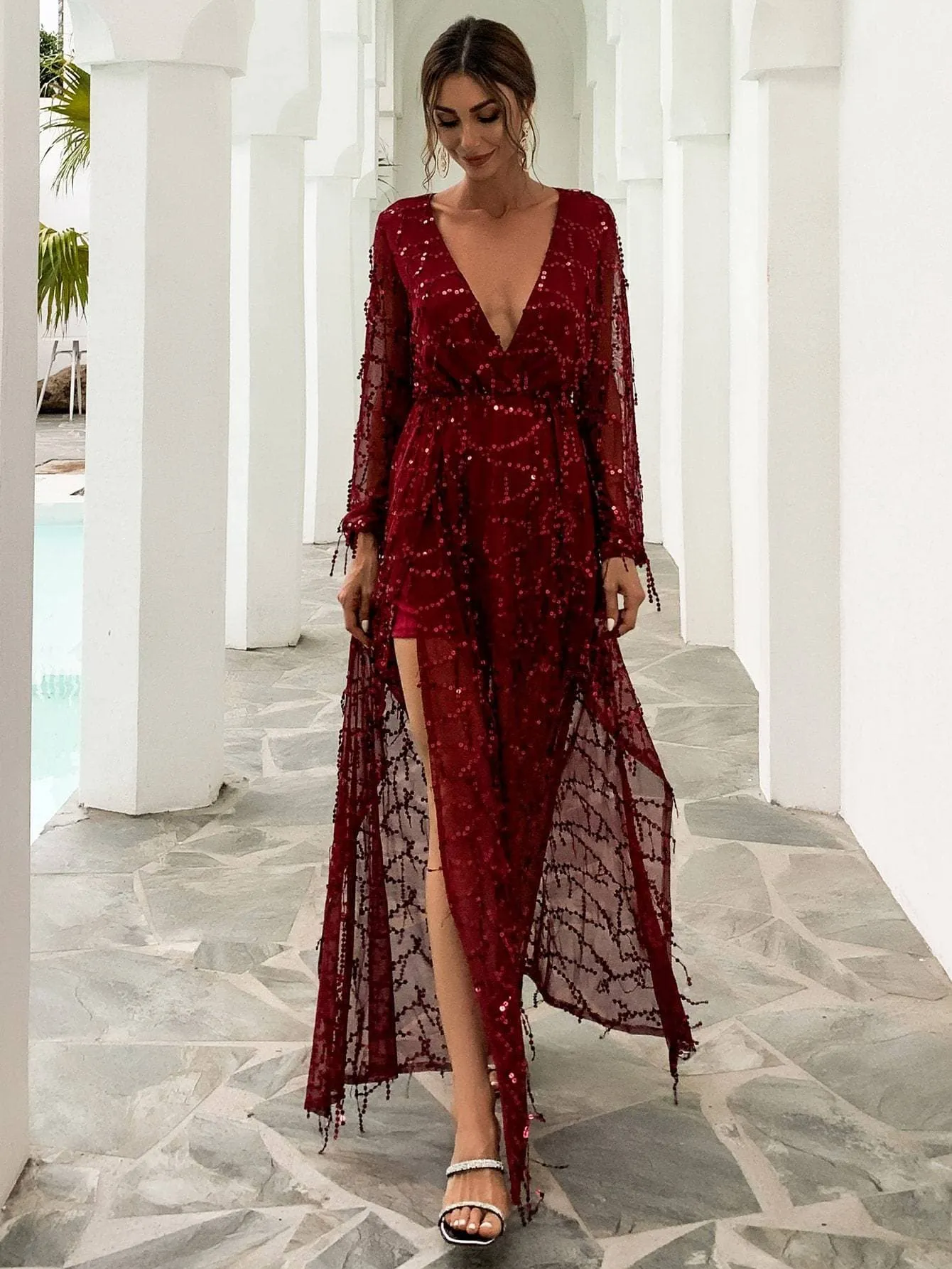 Plunge Neck Wrap Hem Bishop Sleeve High Waist Sequin Dress