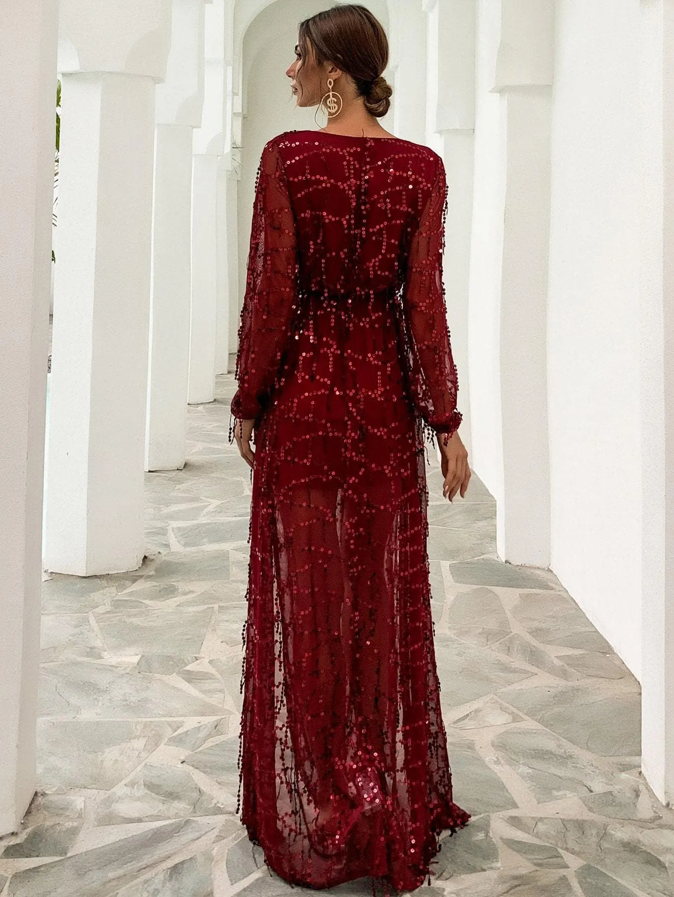 Plunge Neck Wrap Hem Bishop Sleeve High Waist Sequin Dress