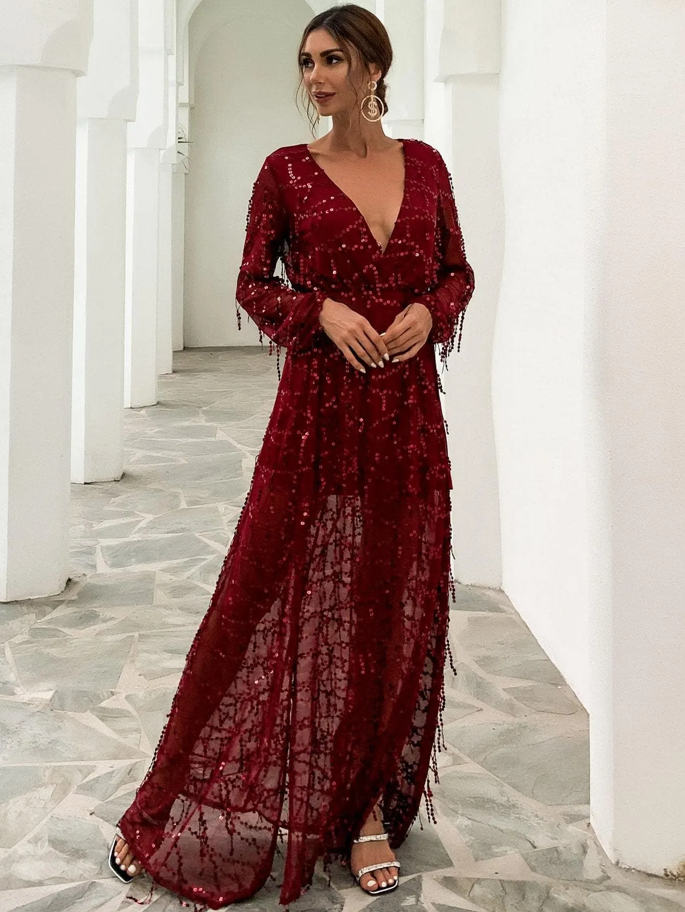 Plunge Neck Wrap Hem Bishop Sleeve High Waist Sequin Dress