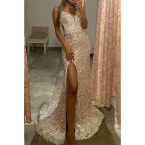 Plunging V-neck Sequins High Split Sparkly Prom Dress