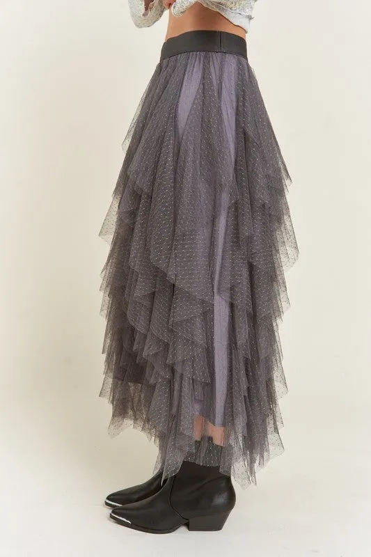 Plus Size Layer Polka Dot Mesh Lined Midi Skirt