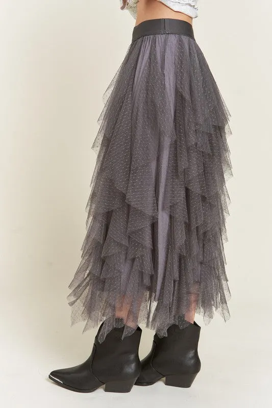 Plus Size Layer Polka Dot Mesh Lined Midi Skirt