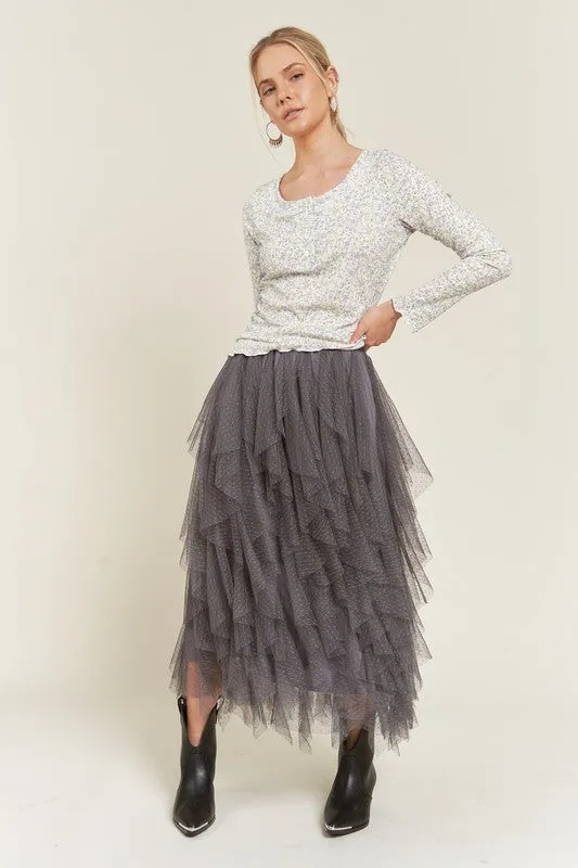 Plus Size Layer Polka Dot Mesh Lined Midi Skirt