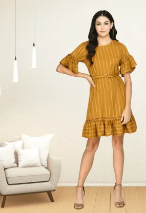 Plus Size Mustard Striped A line Dress