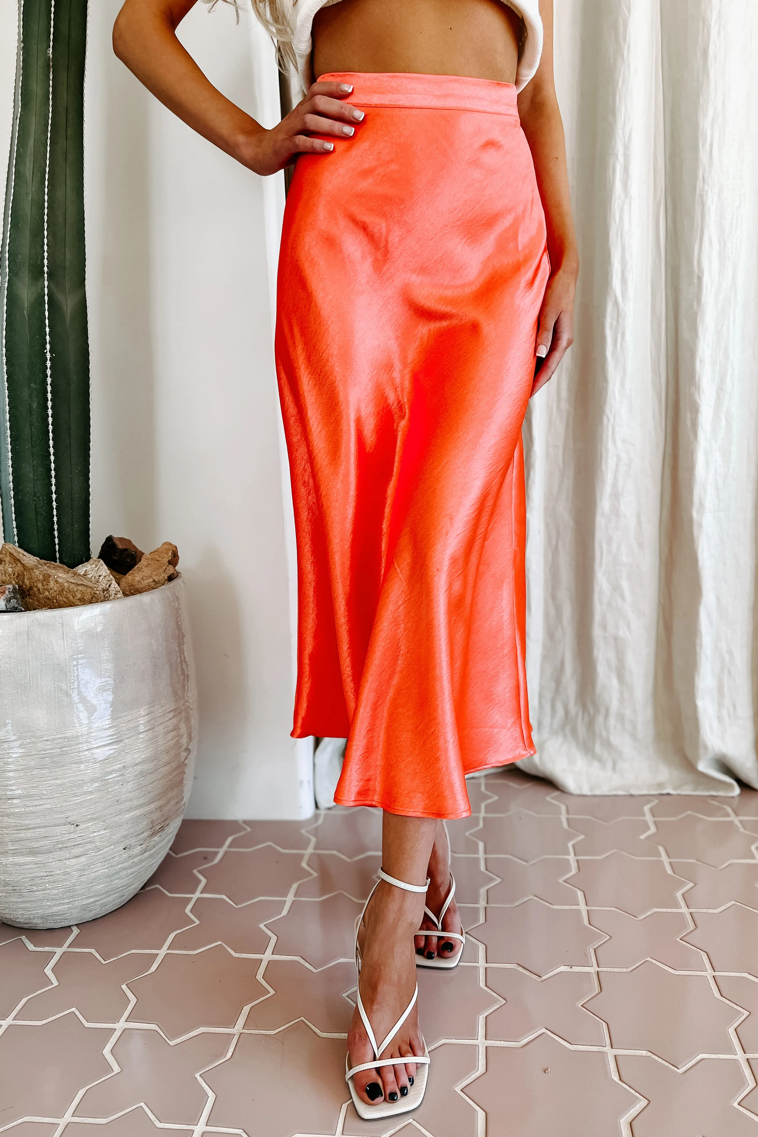Poetry In Motion Satin Midi Skirt (Neon Red)
