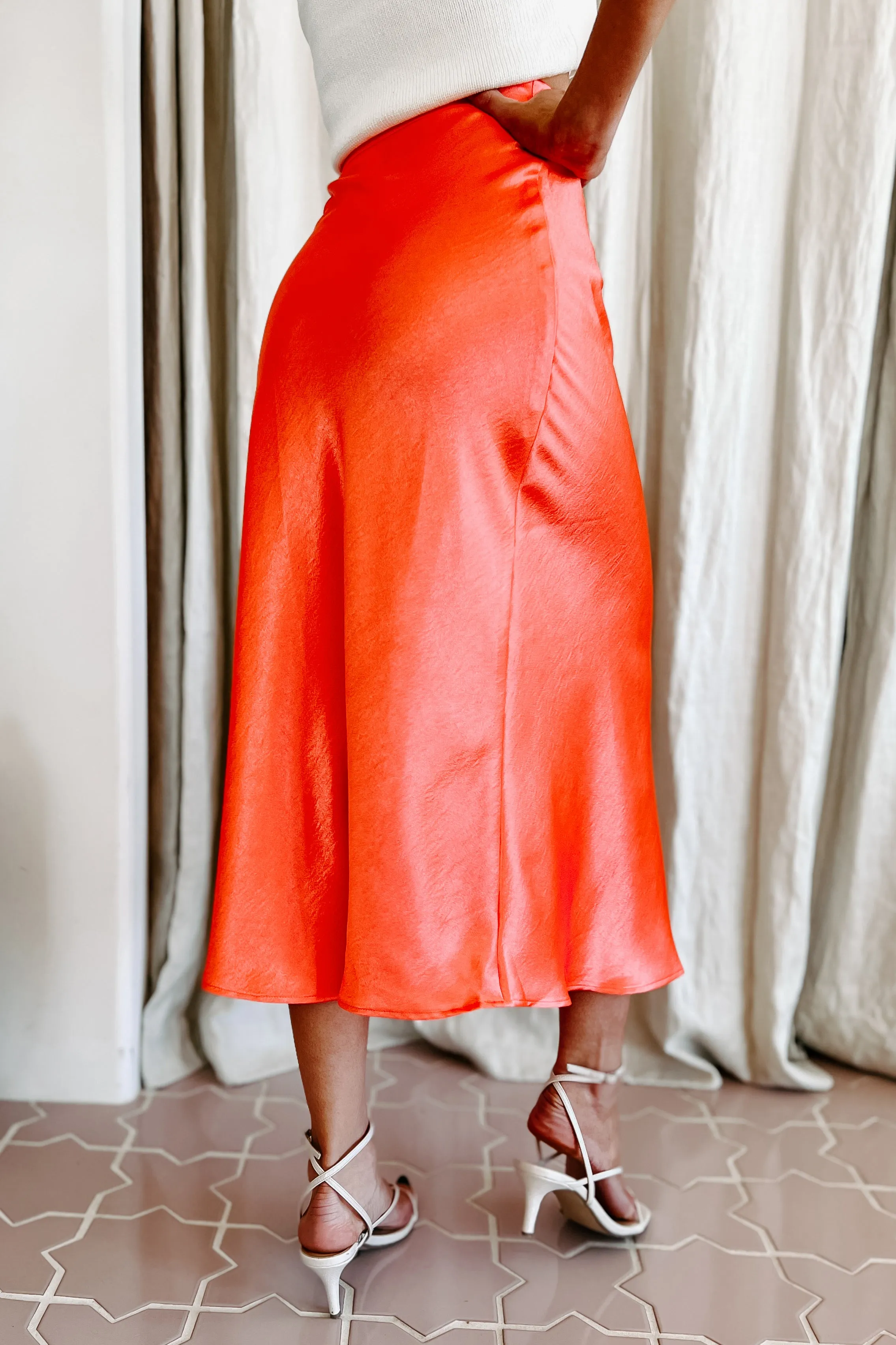 Poetry In Motion Satin Midi Skirt (Neon Red)