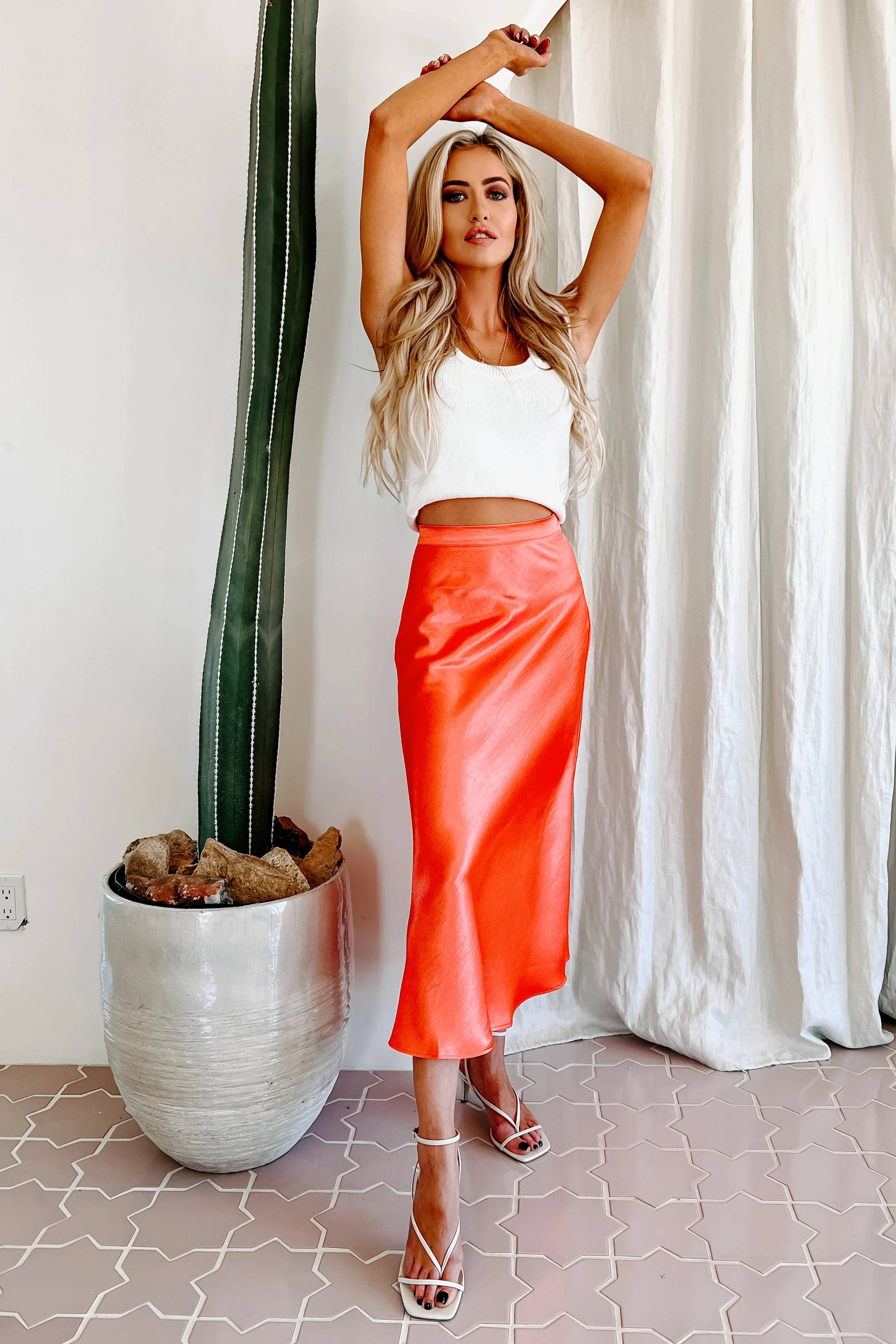 Poetry In Motion Satin Midi Skirt (Neon Red)