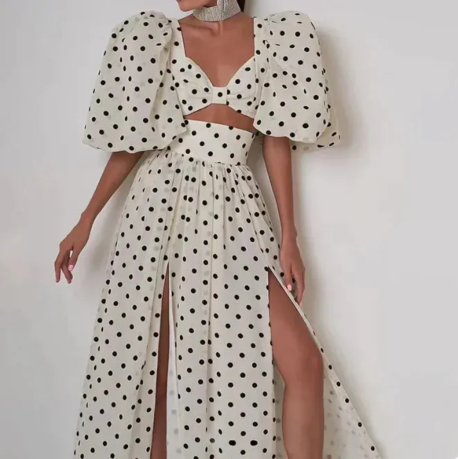PolkaChic Square-Neck Puff Sleeve Dress Suit