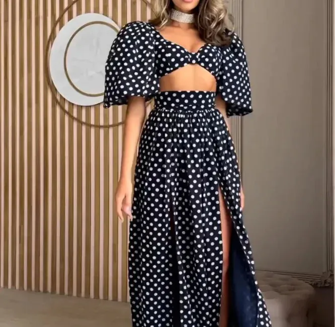 PolkaChic Square-Neck Puff Sleeve Dress Suit