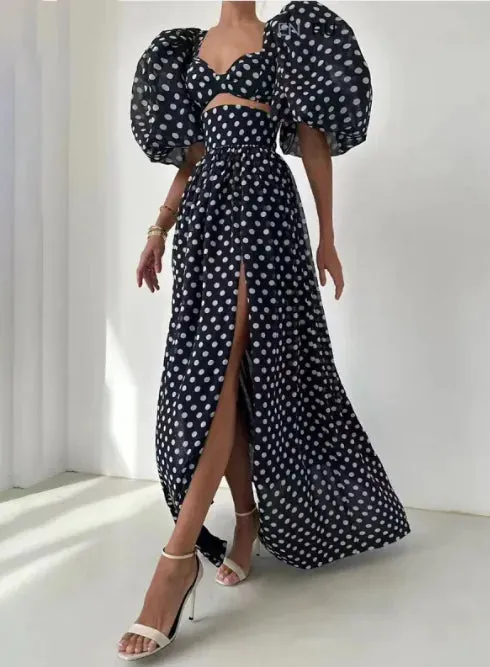 PolkaChic Square-Neck Puff Sleeve Dress Suit