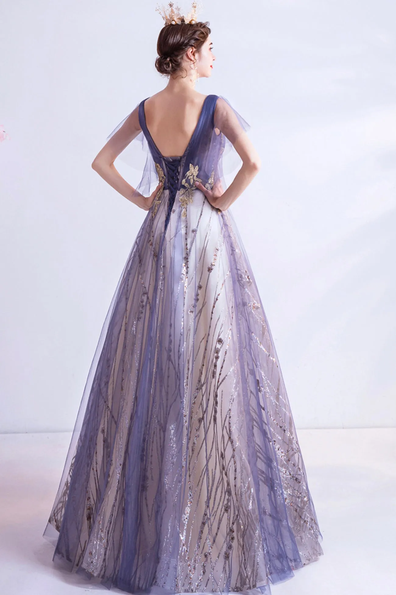 Purple V-Neck Tulle Sequins Long Prom Dress, A-Line Evening Party Dress