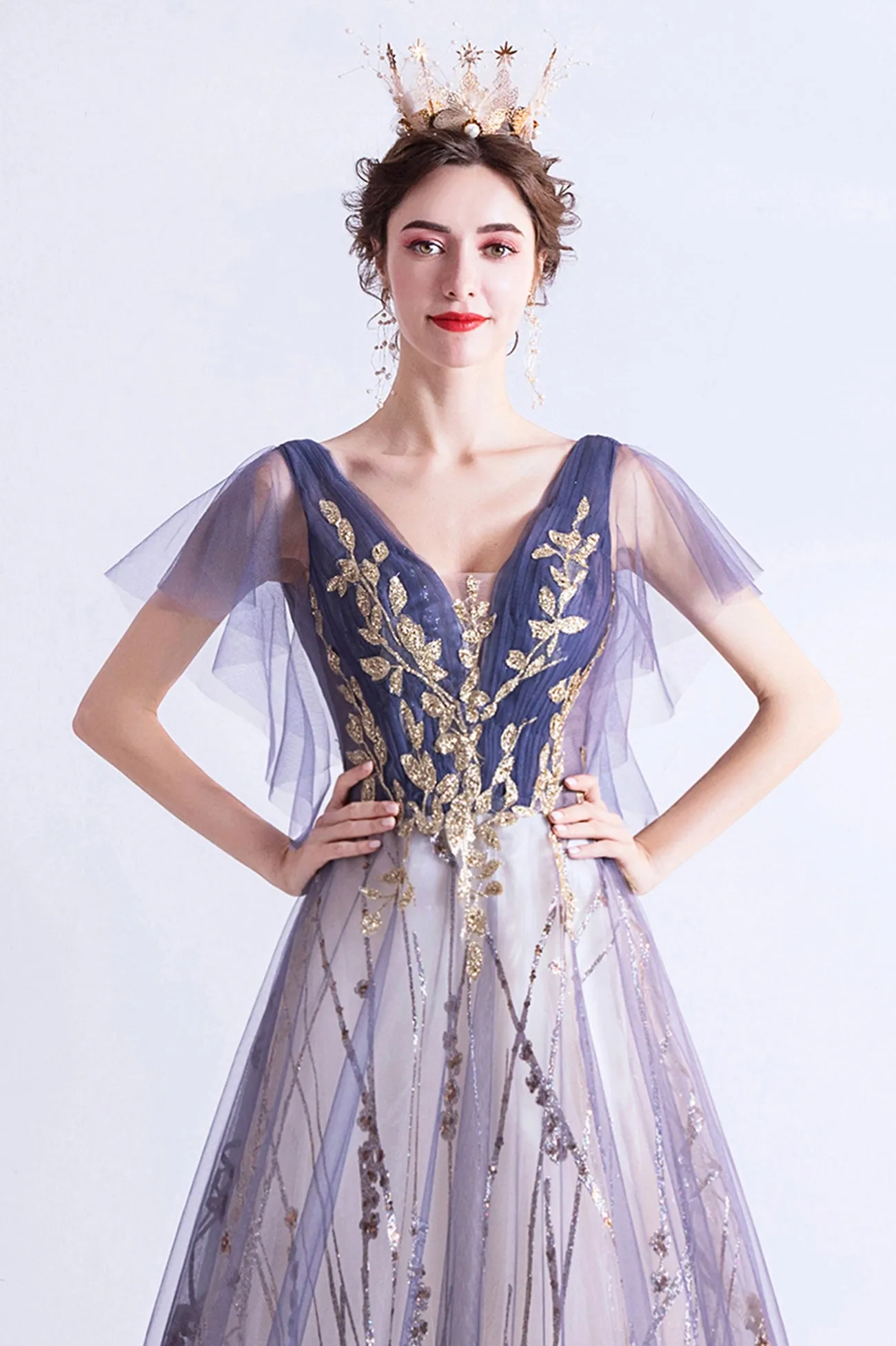 Purple V-Neck Tulle Sequins Long Prom Dress, A-Line Evening Party Dress