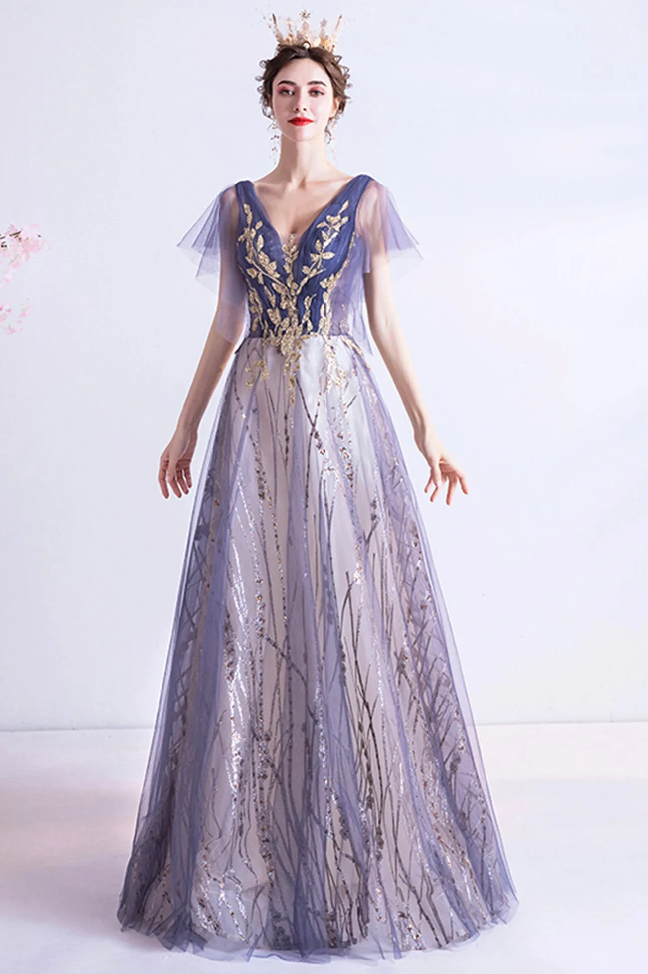 Purple V-Neck Tulle Sequins Long Prom Dress, A-Line Evening Party Dress