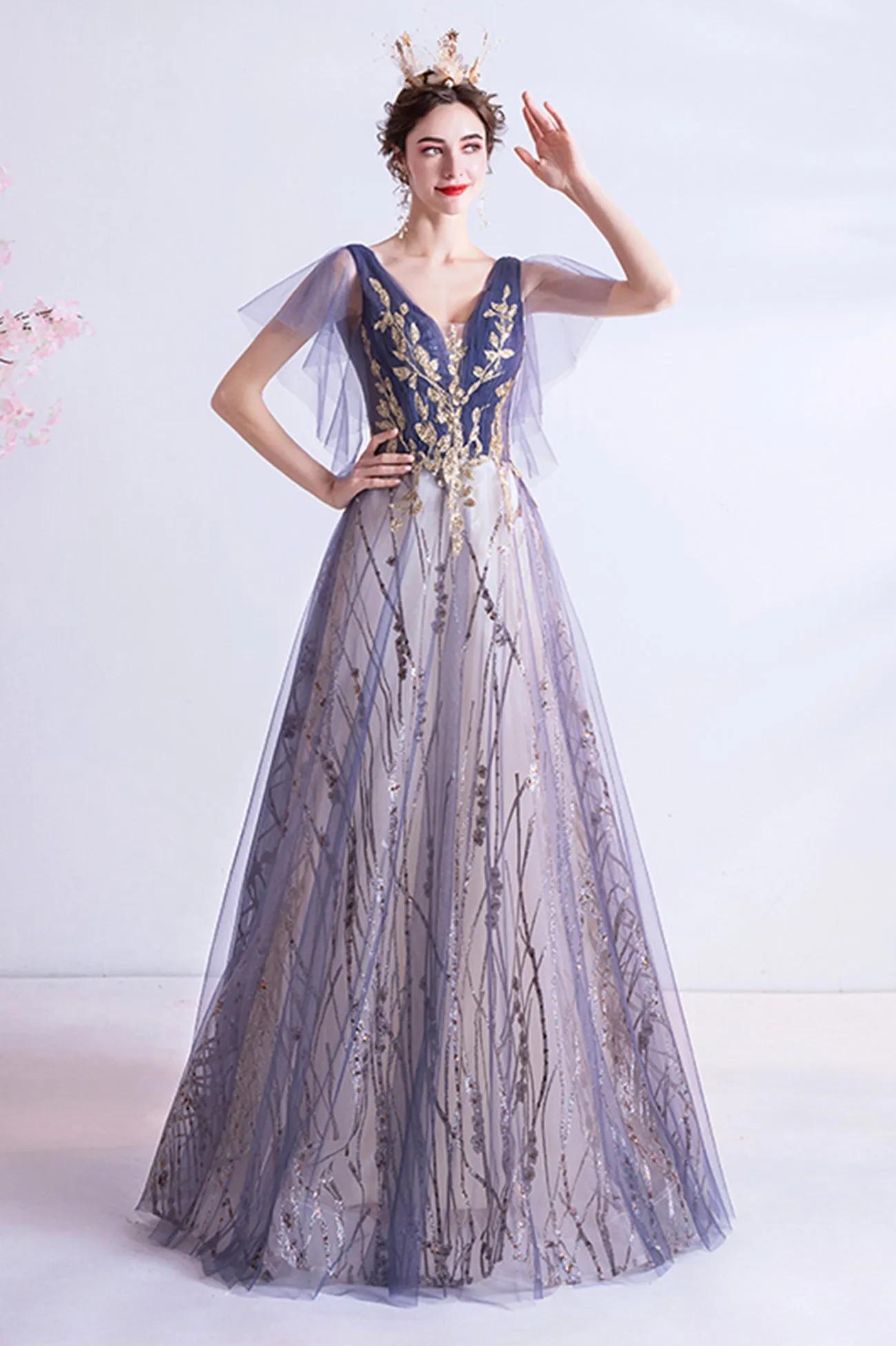 Purple V-Neck Tulle Sequins Long Prom Dress, A-Line Evening Party Dress