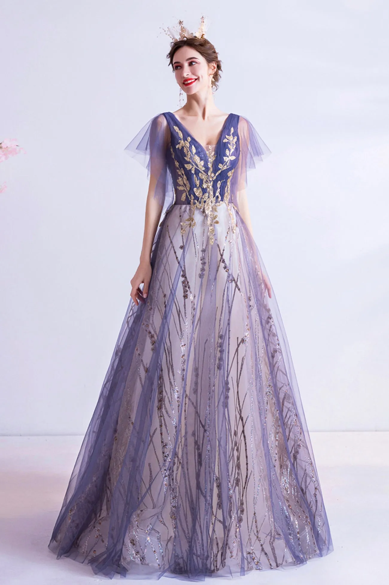 Purple V-Neck Tulle Sequins Long Prom Dress, A-Line Evening Party Dress