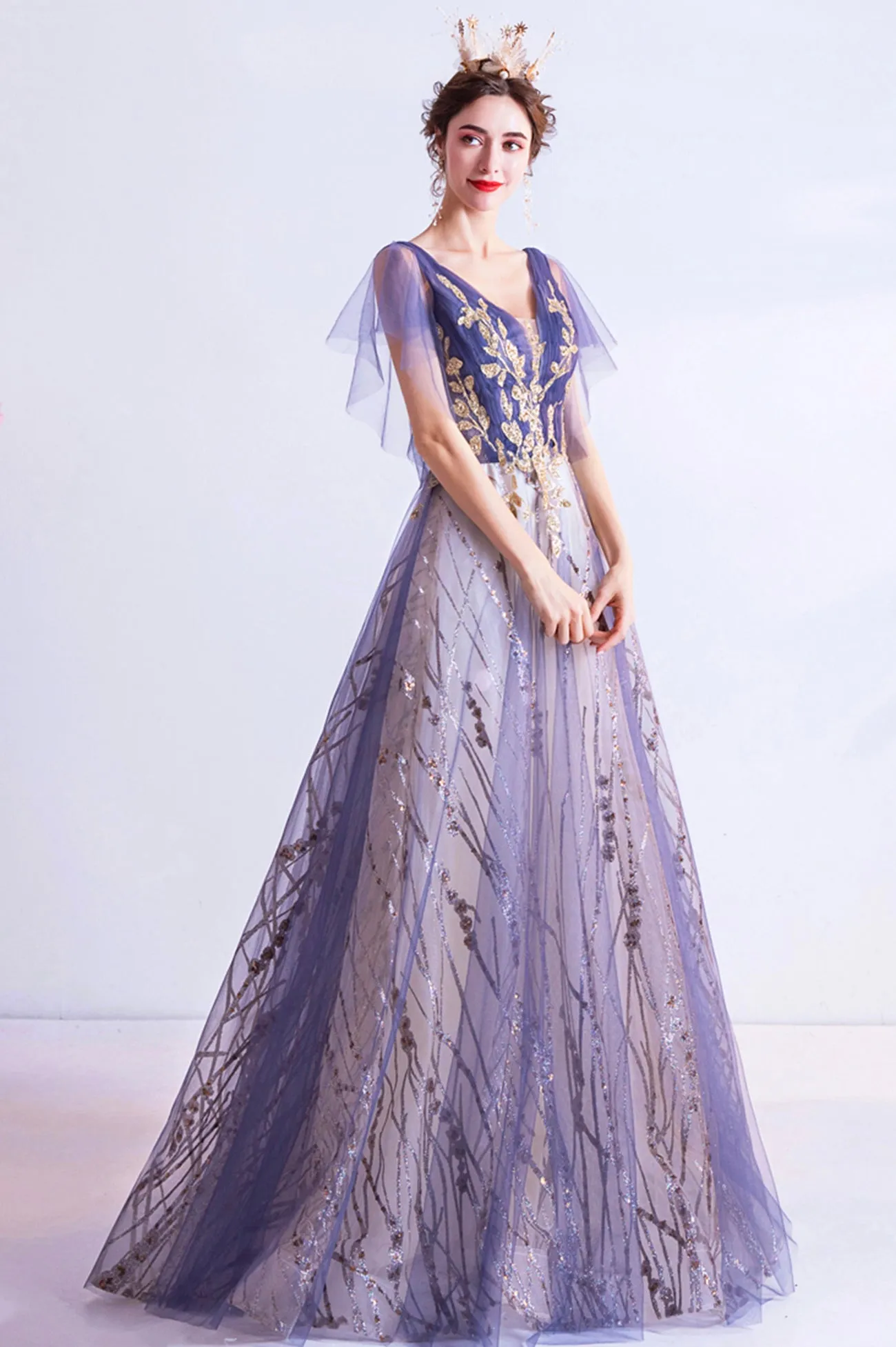 Purple V-Neck Tulle Sequins Long Prom Dress, A-Line Evening Party Dress