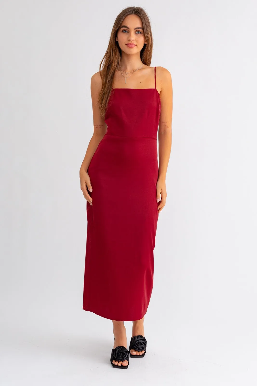 "Cranberry Cocktail" Red Spaghetti Strap Maxi Dress