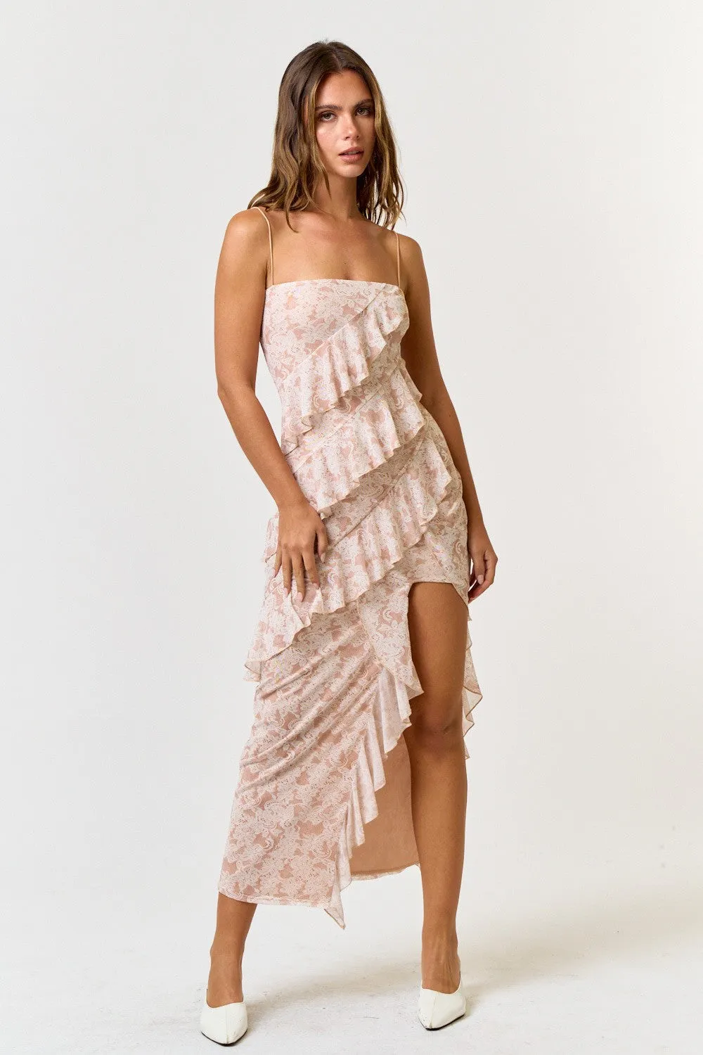 "Western Nights" Light Beige Floral Print Ruffle Asymmetrical Maxi Dress