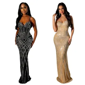 Rhinestone Bodycon Evening Party Dress – V Neck Thin Strap Sleeveless Backless Sexy Clothing for Women