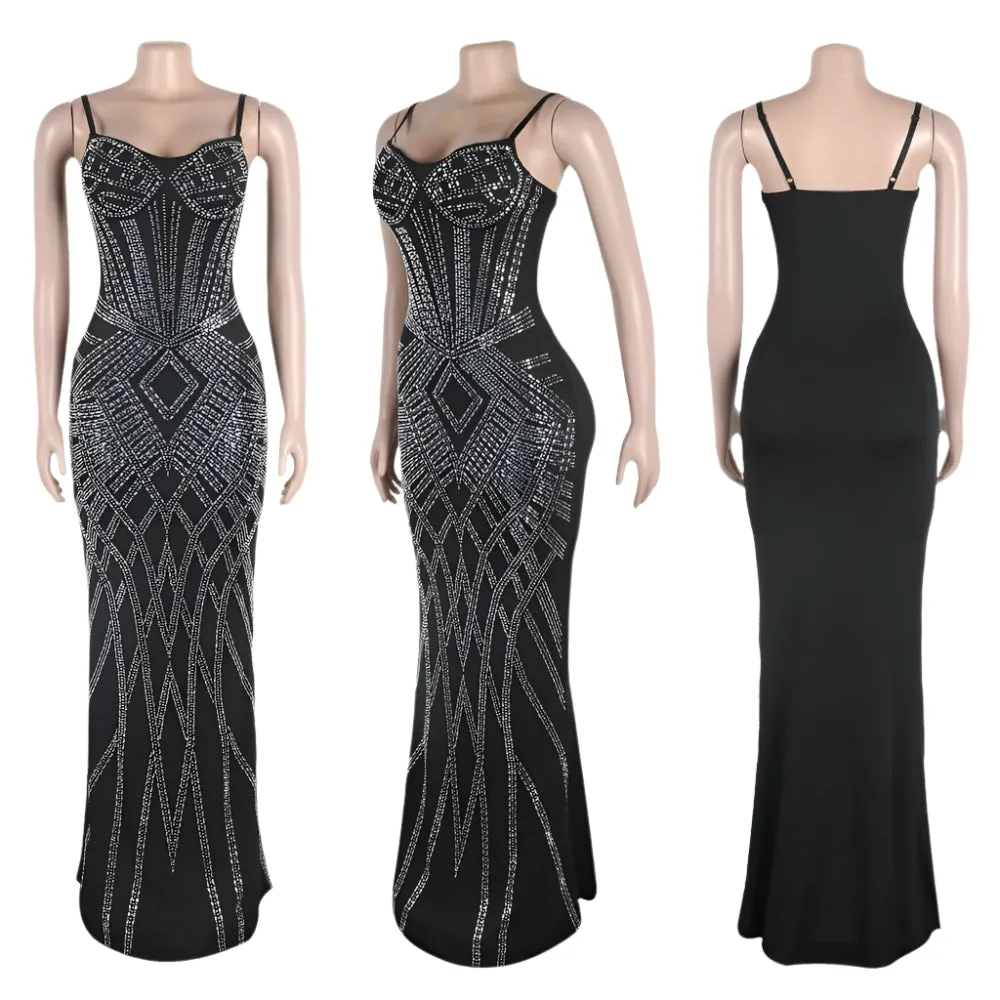 Rhinestone Bodycon Evening Party Dress – V Neck Thin Strap Sleeveless Backless Sexy Clothing for Women