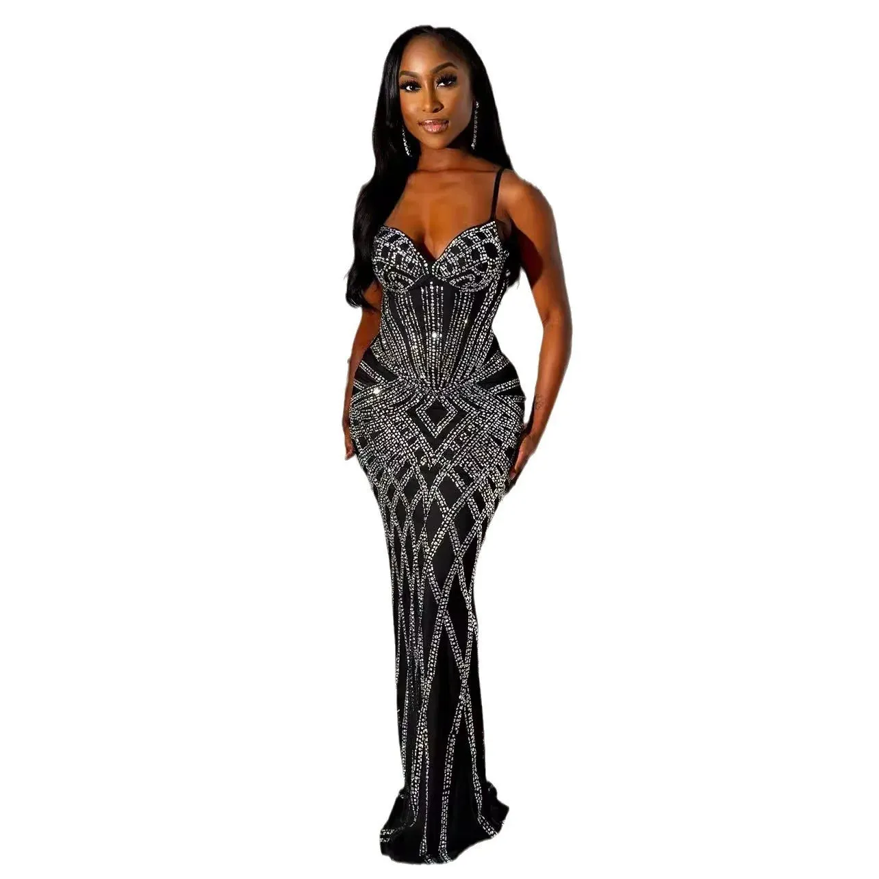 Rhinestone Bodycon Evening Party Dress – V Neck Thin Strap Sleeveless Backless Sexy Clothing for Women