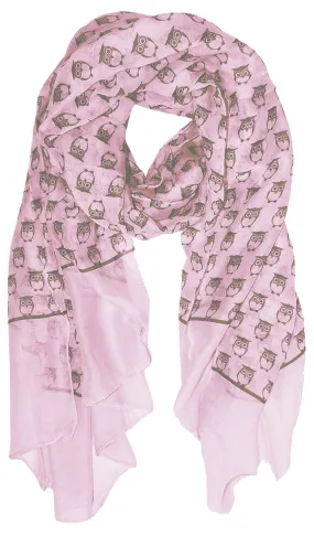 Rose Pink/Grey Peach Couture Summer Lightweight Soft Animal Bird Owl Printed Sheer Scarf Shawl