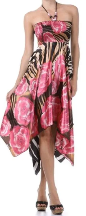 Sakkas Zebra Inspired Satin Feel Halter Smocked Bodice Handkerchief Hem Dress