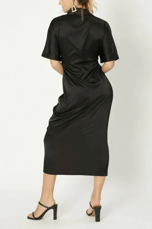 Satin Shirt Dress With Front Knot