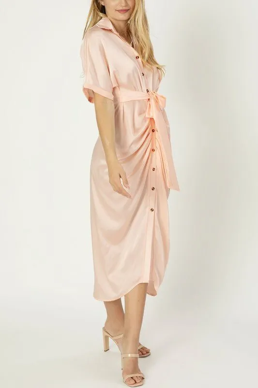 Satin Shirt Dress With Front Knot