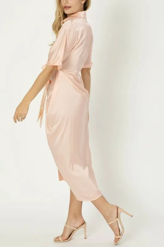 Satin Shirt Dress With Front Knot