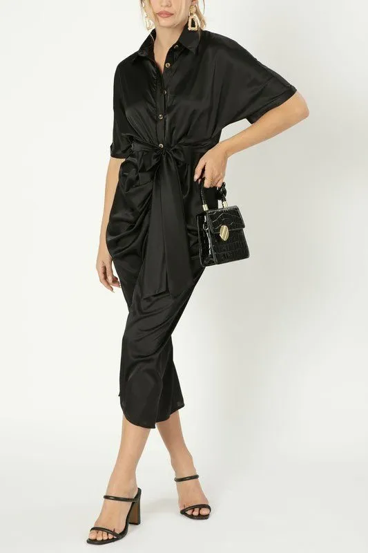 Satin Shirt Dress With Front Knot