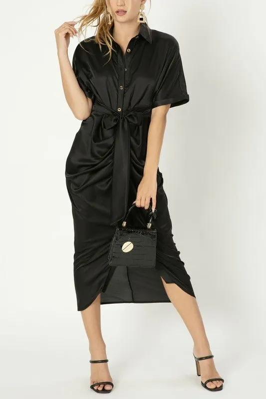 Satin Shirt Dress With Front Knot