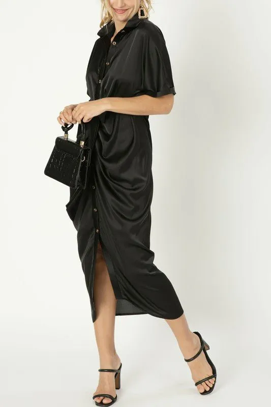 Satin Shirt Dress With Front Knot