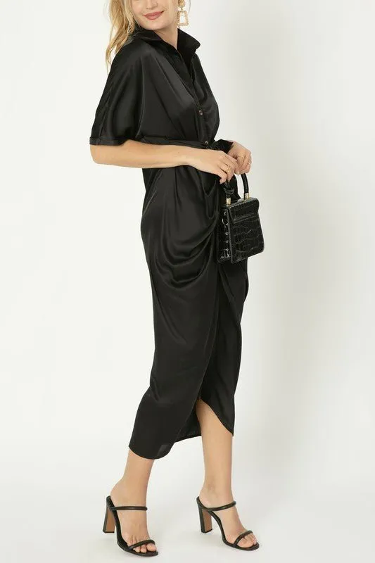 Satin Shirt Dress With Front Knot
