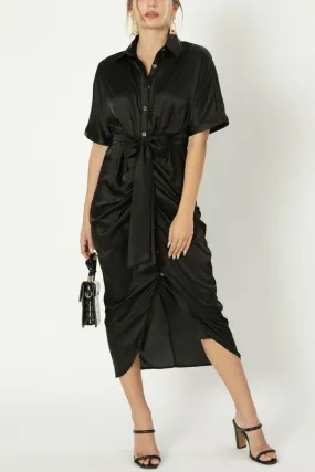 Satin Shirt Dress With Front Knot