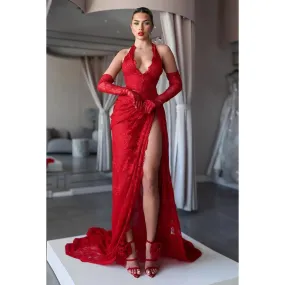 Sexy & Hot Halter V-neck Sleeveless High Side Slit Lace Applique Party Prom Dress