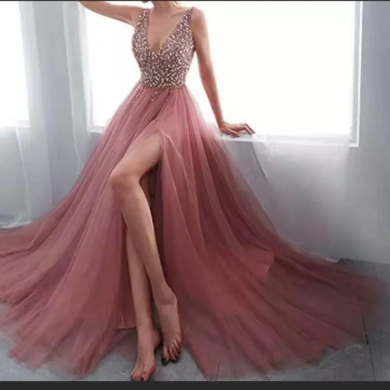 Sexy sequins lace patchwork v neck sleevesless floor-length dress | Bridesmaid dress evening gowns