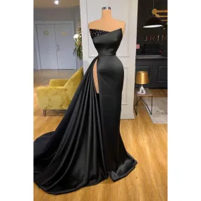 Sexy V-neck Beads Side Slit Black Formal Evening Dress