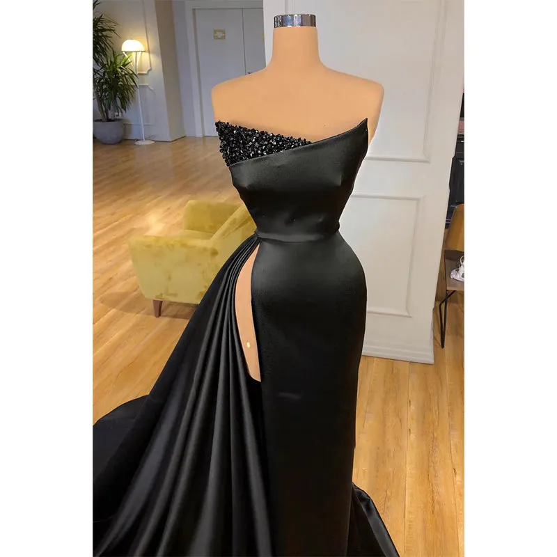Sexy V-neck Beads Side Slit Black Formal Evening Dress