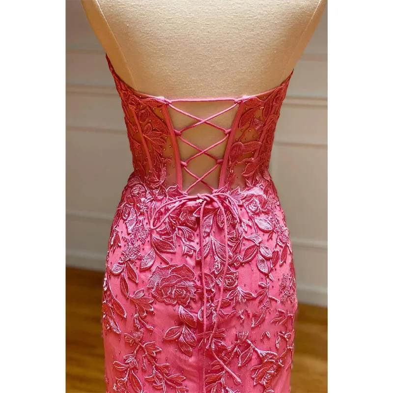 Sexy V-neck Lace Appliques Sheath/column Long Prom Dress