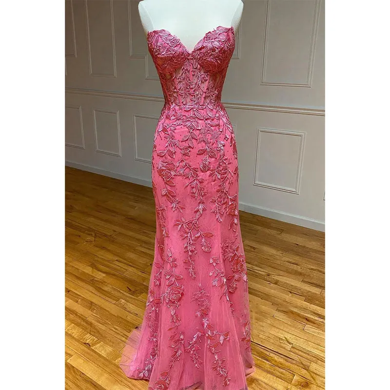 Sexy V-neck Lace Appliques Sheath/column Long Prom Dress