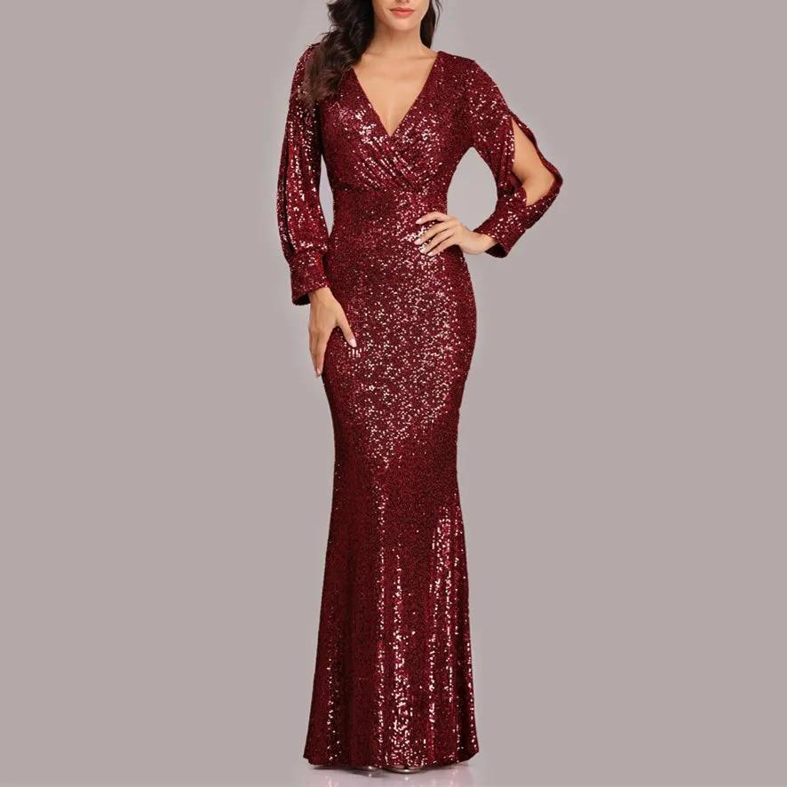Sexy v neck sequins shinning memaid flare party dress | Fall winter long sleeves sheath maxi dress evening gowns