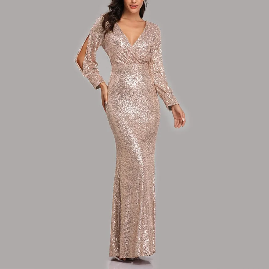 Sexy v neck sequins shinning memaid flare party dress | Fall winter long sleeves sheath maxi dress evening gowns