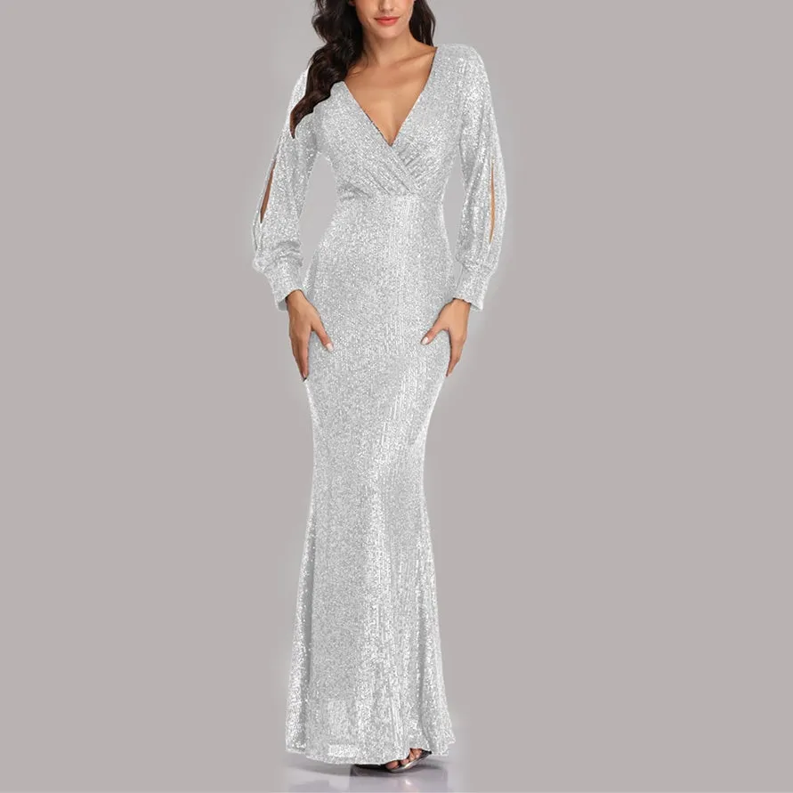 Sexy v neck sequins shinning memaid flare party dress | Fall winter long sleeves sheath maxi dress evening gowns