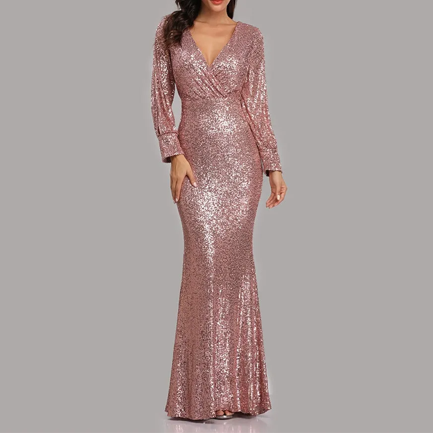 Sexy v neck sequins shinning memaid flare party dress | Fall winter long sleeves sheath maxi dress evening gowns