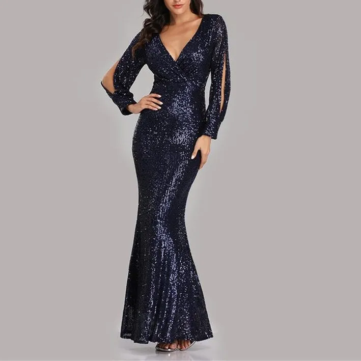 Sexy v neck sequins shinning memaid flare party dress | Fall winter long sleeves sheath maxi dress evening gowns