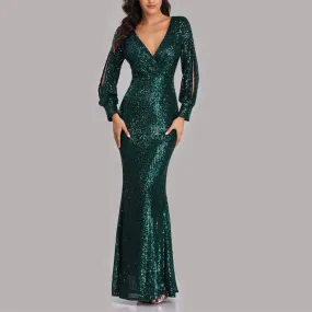 Sexy v neck sequins shinning memaid flare party dress | Fall winter long sleeves sheath maxi dress evening gowns