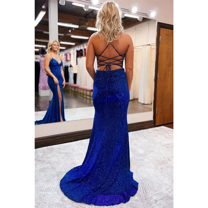 Sexy V-neck Split Sparkly Prom Dress