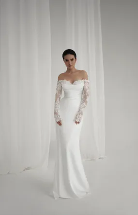 Sheer Long Lace Sleeve Crepe Wedding Dress