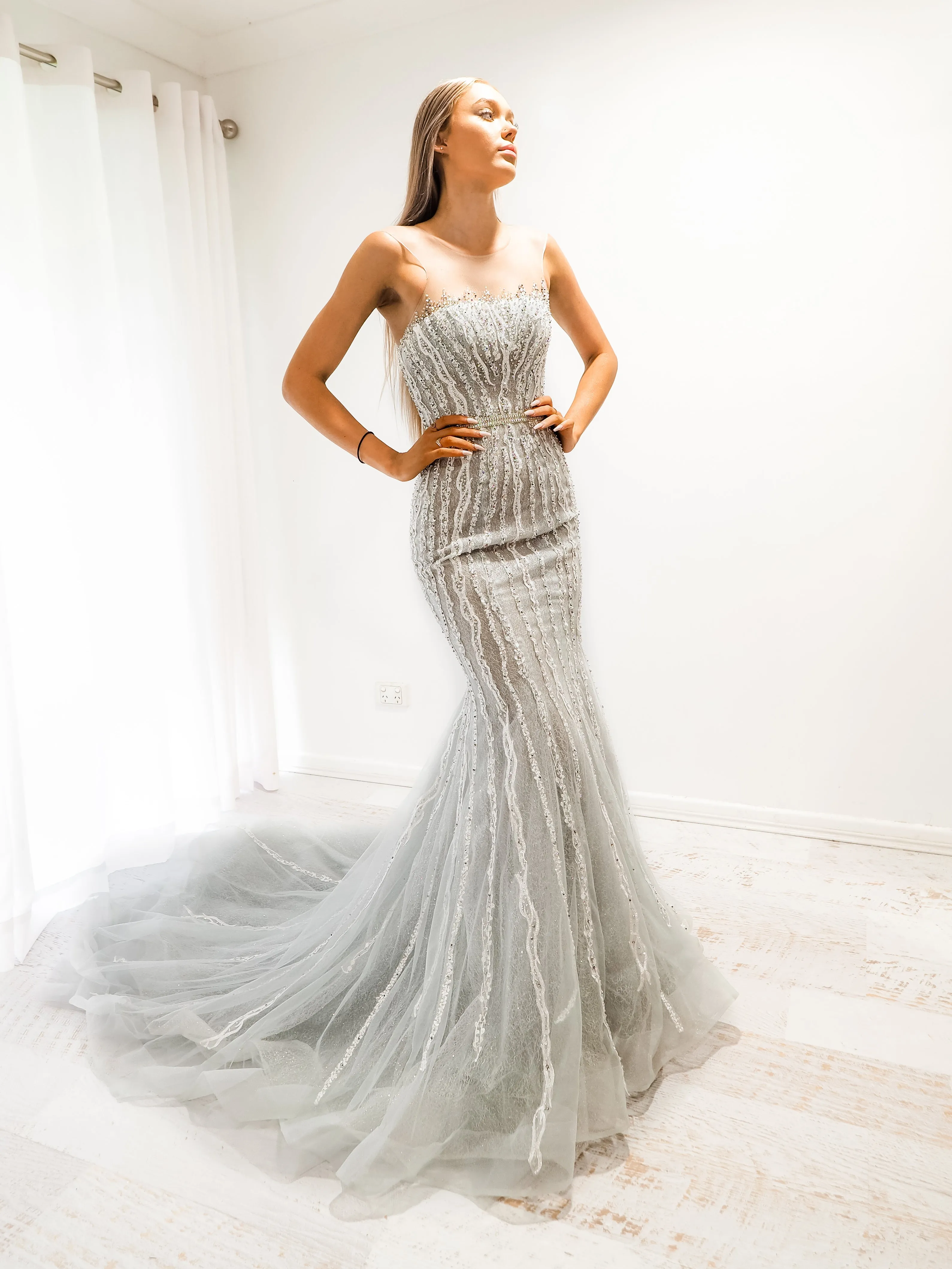Silver mermaid dress with long train